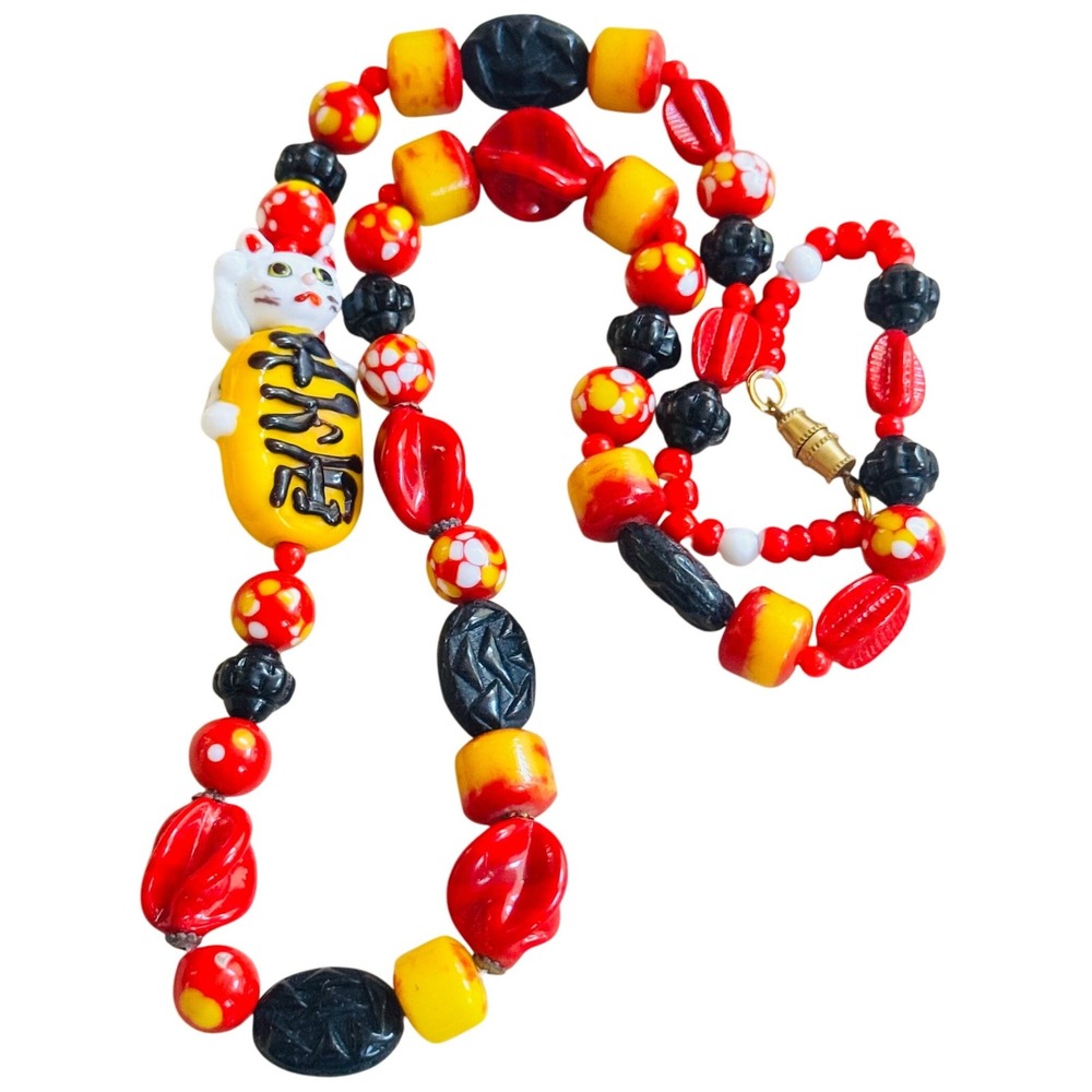 VTG‎ Maneki-neko Beckoning cat lampwork Necklace Japan red yellow glass rare 24"